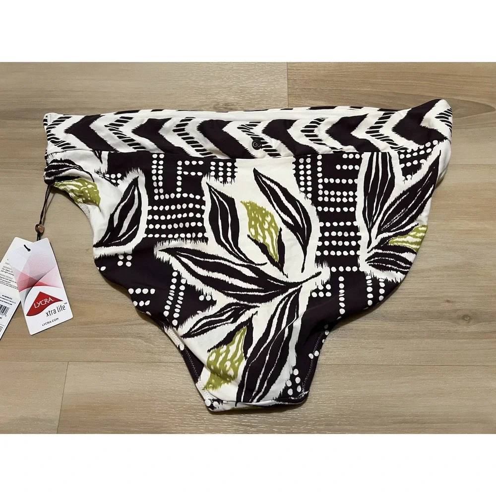 Calia Womens XXL Mid-Rise High Leg Stylish Brown Green‎ & Off White Swim Bottom